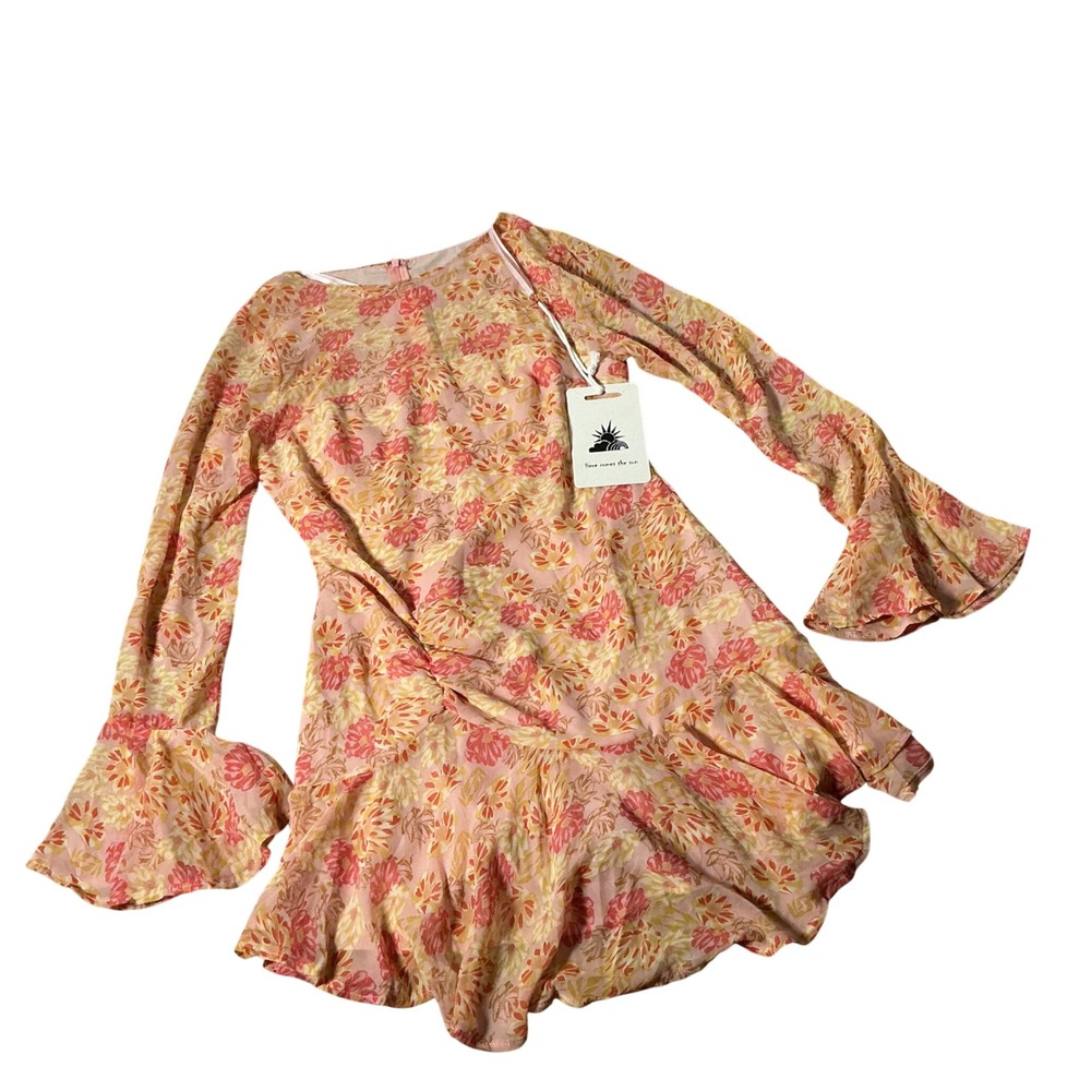 Here Comes The Sun Floral Mini Dress Women L Pink Long Bell Sleeve Ruched Ruffle